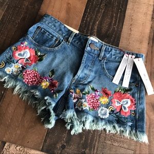 AO. LA Embroidered Denim Shorts, Size 24 NWT Blue